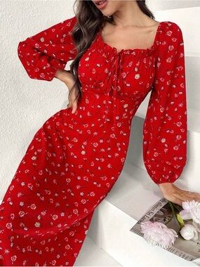 Red Floral Long Sleeve Midi Dress - Women's Elegant Square Neck